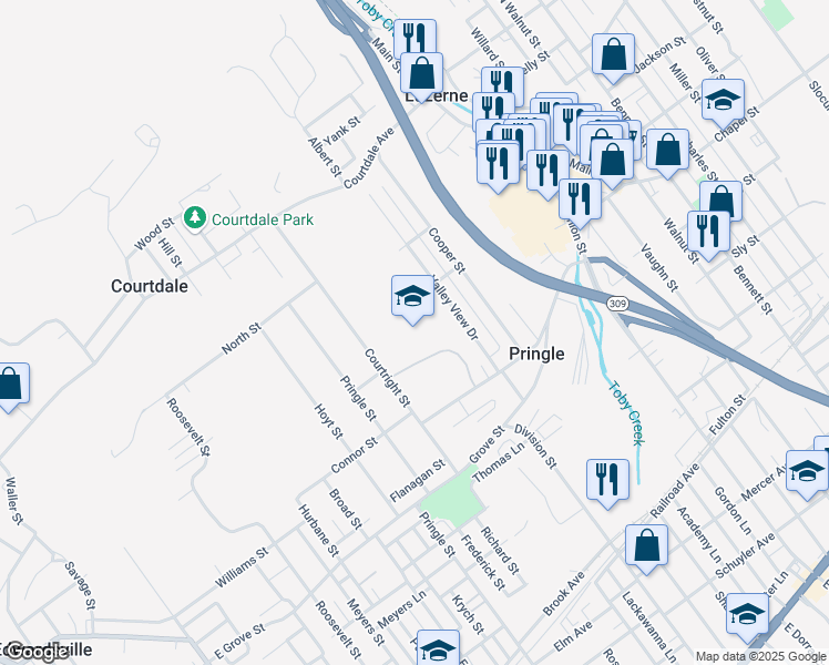 map of restaurants, bars, coffee shops, grocery stores, and more near 75 Evans Street in Pringle