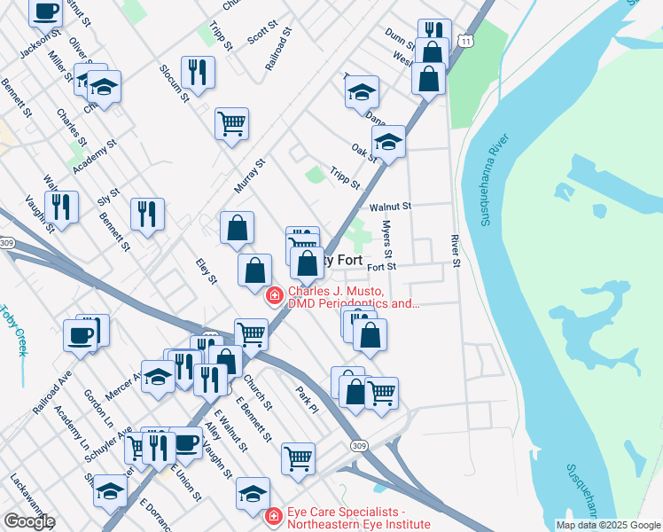 map of restaurants, bars, coffee shops, grocery stores, and more near in Forty Fort