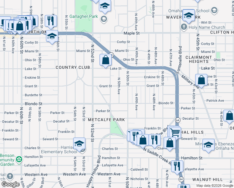 map of restaurants, bars, coffee shops, grocery stores, and more near 2019 North 50th Avenue in Omaha