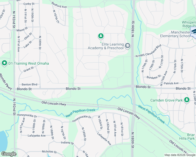 map of restaurants, bars, coffee shops, grocery stores, and more near 18309 Burdette Street in Omaha