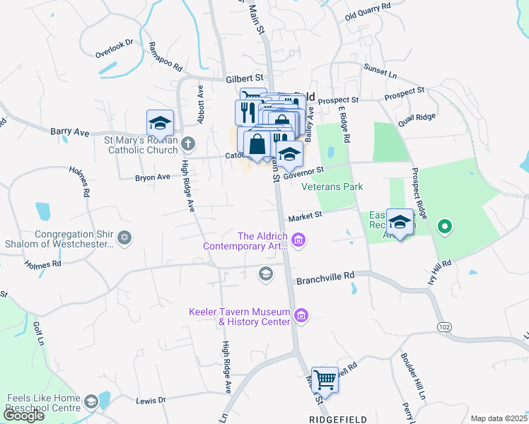 map of restaurants, bars, coffee shops, grocery stores, and more near 305 Main Street in Ridgefield