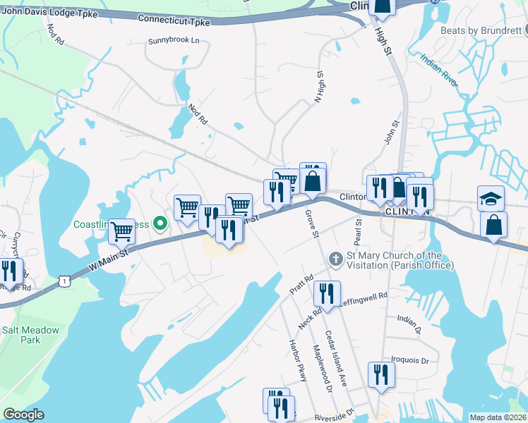 map of restaurants, bars, coffee shops, grocery stores, and more near 82 West Main Street in Clinton
