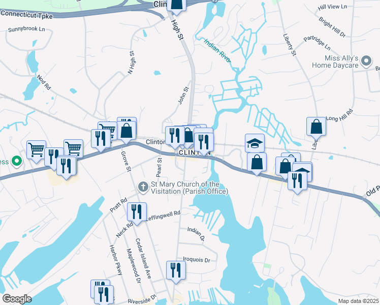 map of restaurants, bars, coffee shops, grocery stores, and more near in Clinton