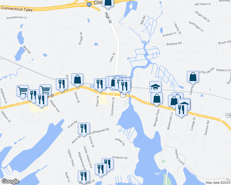 map of restaurants, bars, coffee shops, grocery stores, and more near 8 East Main Street in Clinton
