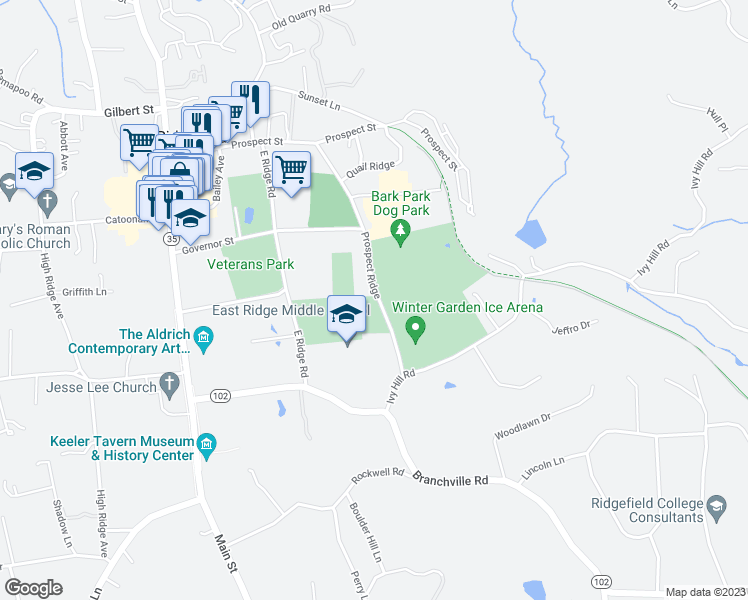map of restaurants, bars, coffee shops, grocery stores, and more near 51-1101 Prospect Ridge in Ridgefield