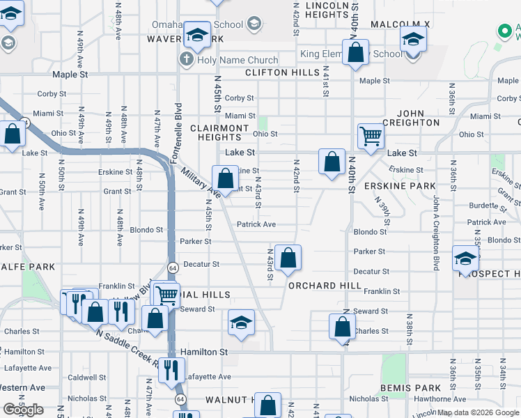 map of restaurants, bars, coffee shops, grocery stores, and more near 4234 Patrick Avenue in Omaha