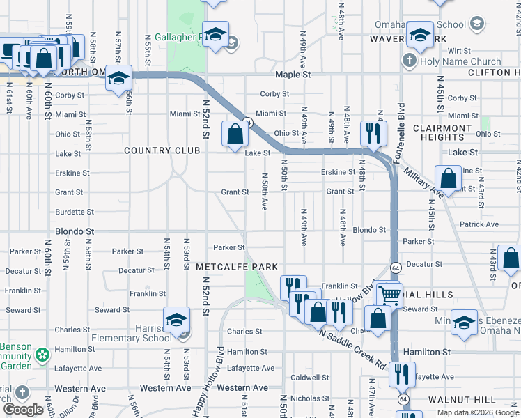map of restaurants, bars, coffee shops, grocery stores, and more near 2019 North 50th Avenue in Omaha