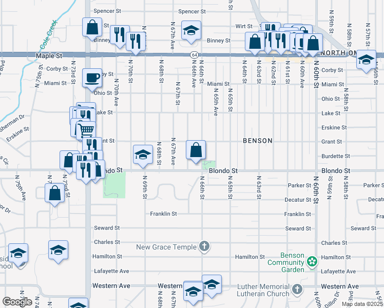 map of restaurants, bars, coffee shops, grocery stores, and more near in Omaha