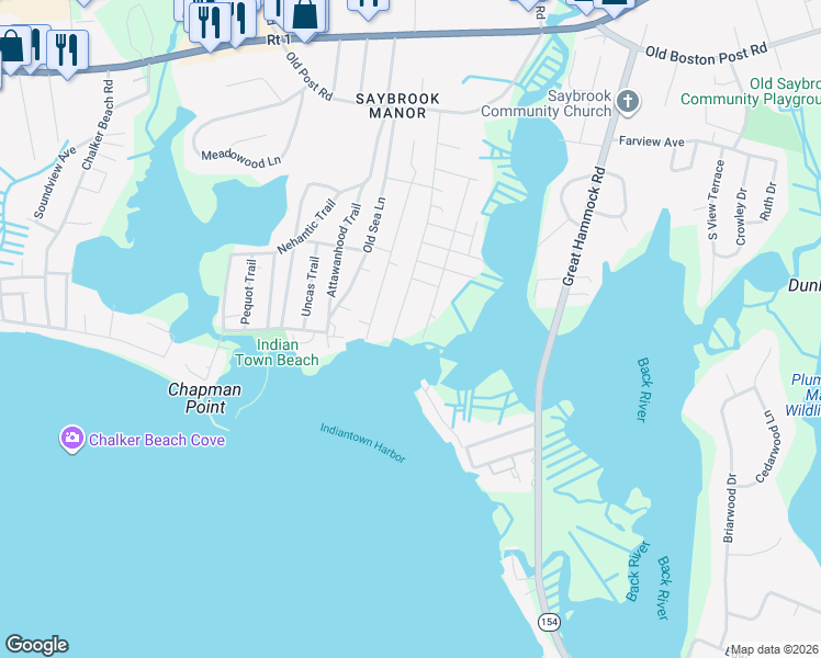 map of restaurants, bars, coffee shops, grocery stores, and more near 7 Bayside Avenue in Old Saybrook