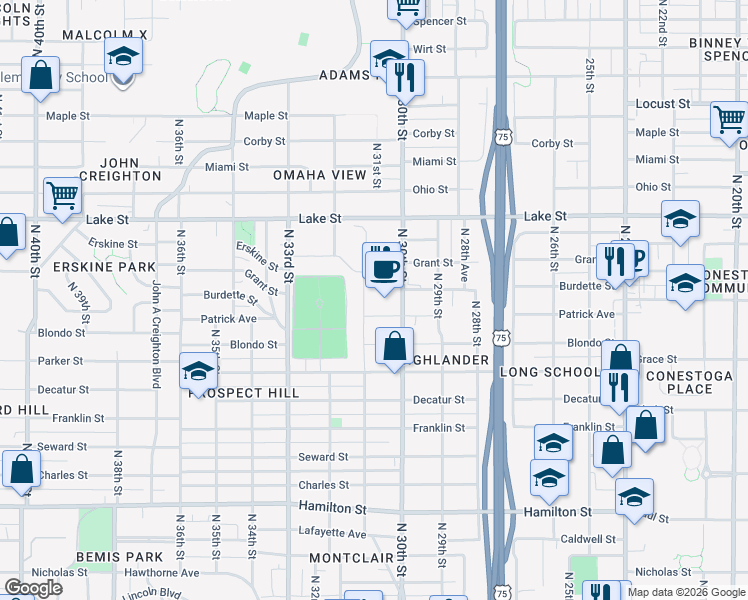 map of restaurants, bars, coffee shops, grocery stores, and more near 3026 Lindsay Avenue in Omaha