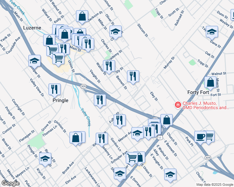 map of restaurants, bars, coffee shops, grocery stores, and more near 280 Walnut Street in Luzerne
