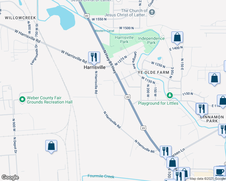 map of restaurants, bars, coffee shops, grocery stores, and more near 1147 North 375 West in Harrisville