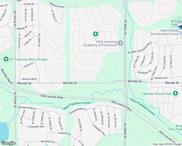 map of restaurants, bars, coffee shops, grocery stores, and more near 18309 Burdette Street in Douglas County