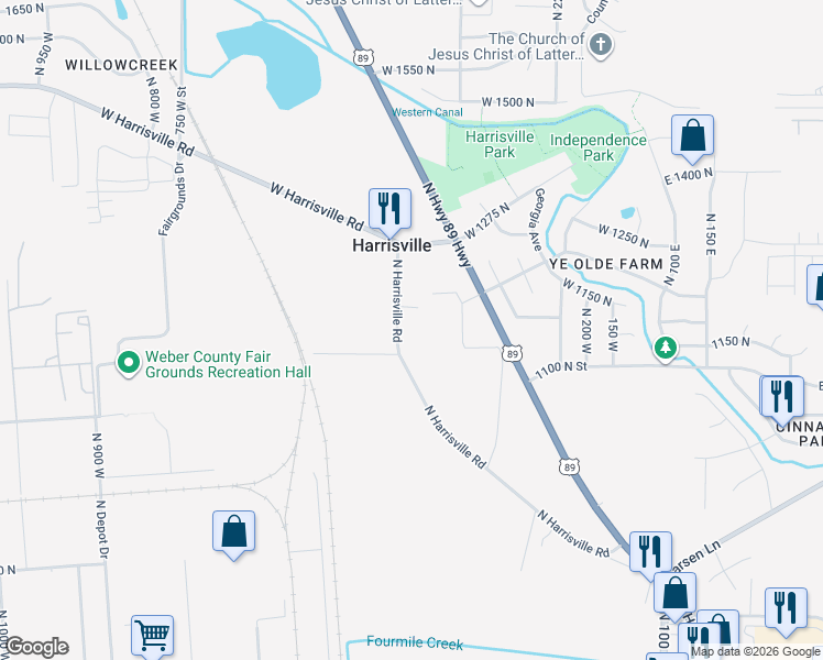 map of restaurants, bars, coffee shops, grocery stores, and more near 1174 North Harrisville Road in Ogden