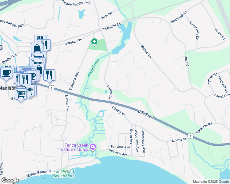 map of restaurants, bars, coffee shops, grocery stores, and more near 1 Wilshire Road in Madison