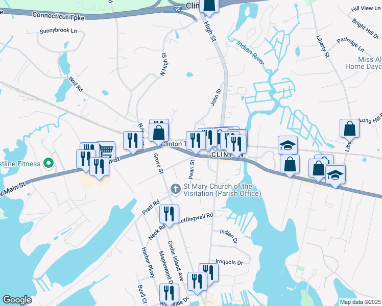 map of restaurants, bars, coffee shops, grocery stores, and more near 23 Young's Village in Madison