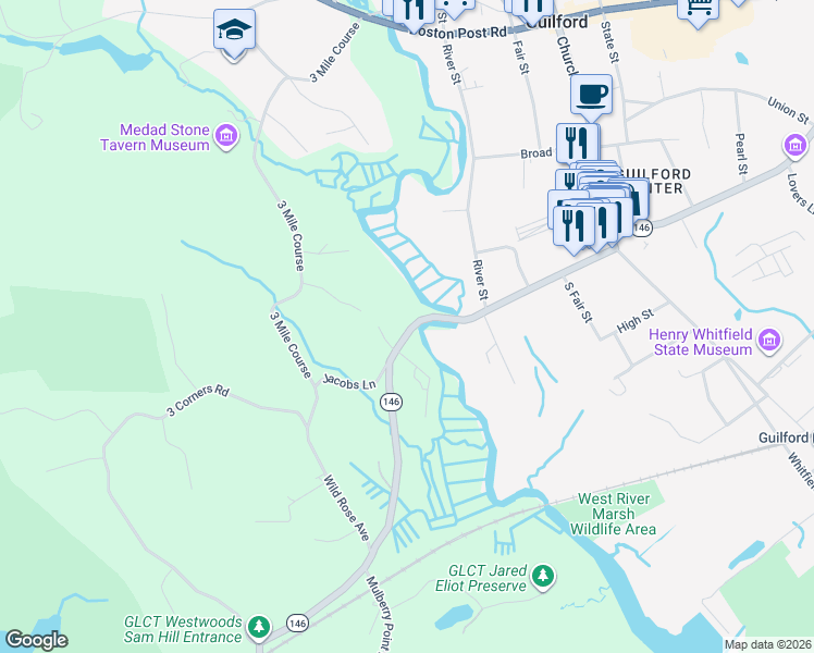 map of restaurants, bars, coffee shops, grocery stores, and more near 201 Water Street in Guilford