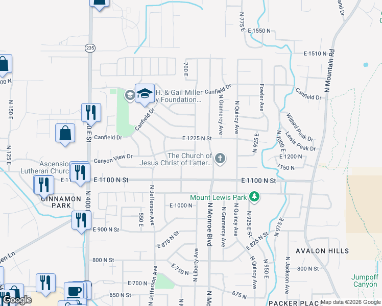 map of restaurants, bars, coffee shops, grocery stores, and more near 755 East 1175 North in Ogden
