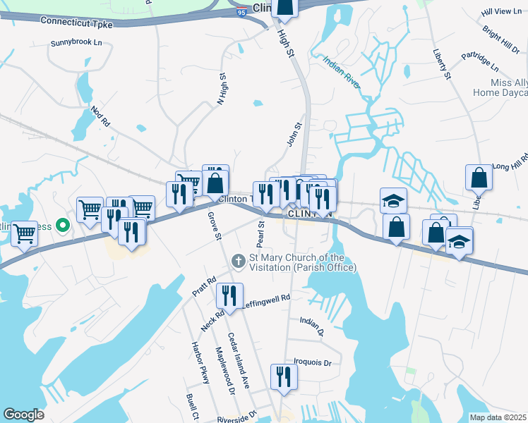 map of restaurants, bars, coffee shops, grocery stores, and more near in Clinton