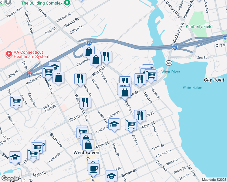 map of restaurants, bars, coffee shops, grocery stores, and more near 651 3rd Avenue in West Haven