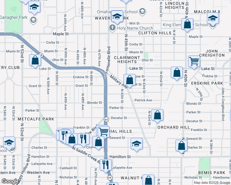 map of restaurants, bars, coffee shops, grocery stores, and more near 4515 Burdette Street in Omaha