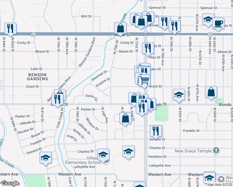 map of restaurants, bars, coffee shops, grocery stores, and more near 2105 North 75th Street in Omaha