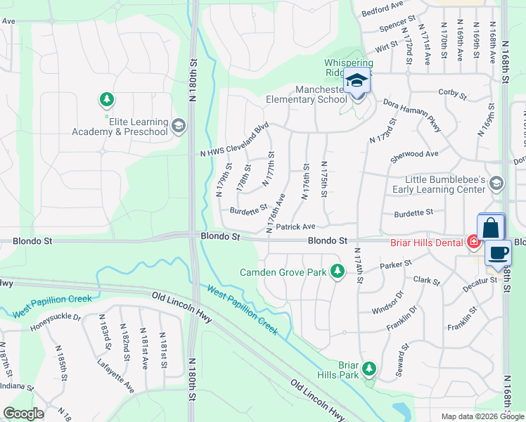 map of restaurants, bars, coffee shops, grocery stores, and more near 17652 Patrick Avenue in Omaha