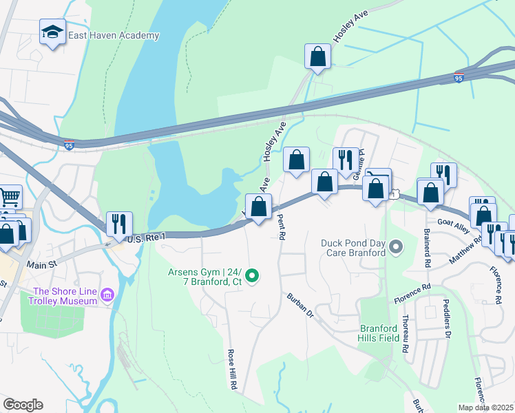map of restaurants, bars, coffee shops, grocery stores, and more near 250 Jackson Drive in Branford