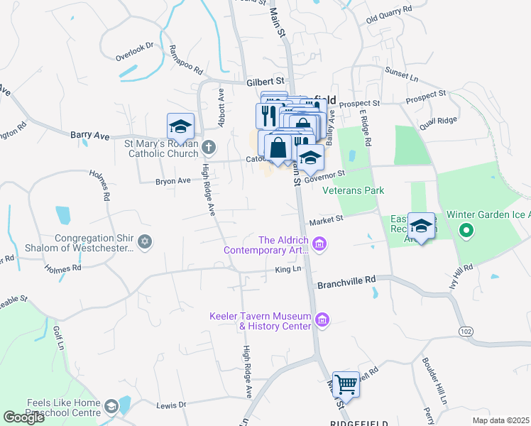 map of restaurants, bars, coffee shops, grocery stores, and more near 36 Griffith Lane in Ridgefield