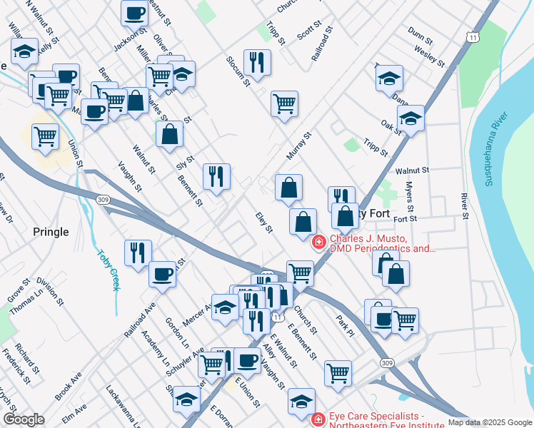 map of restaurants, bars, coffee shops, grocery stores, and more near 133 Eley Street in Kingston