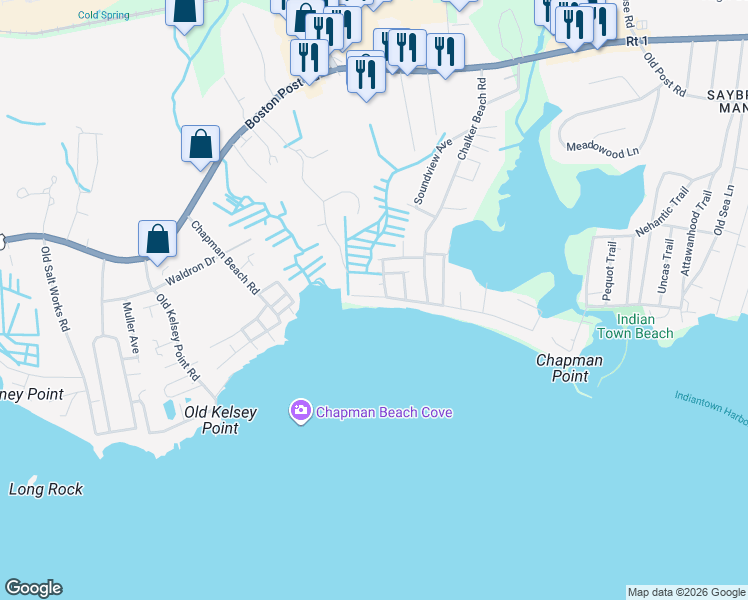 map of restaurants, bars, coffee shops, grocery stores, and more near 33 Beach Road West in Old Saybrook
