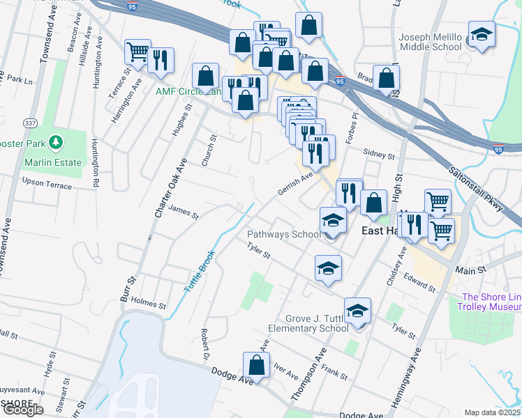 map of restaurants, bars, coffee shops, grocery stores, and more near 54 Gerrish Avenue in East Haven