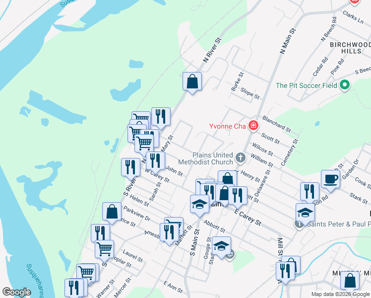 map of restaurants, bars, coffee shops, grocery stores, and more near 33 Saint James Street in Wilkes-Barre