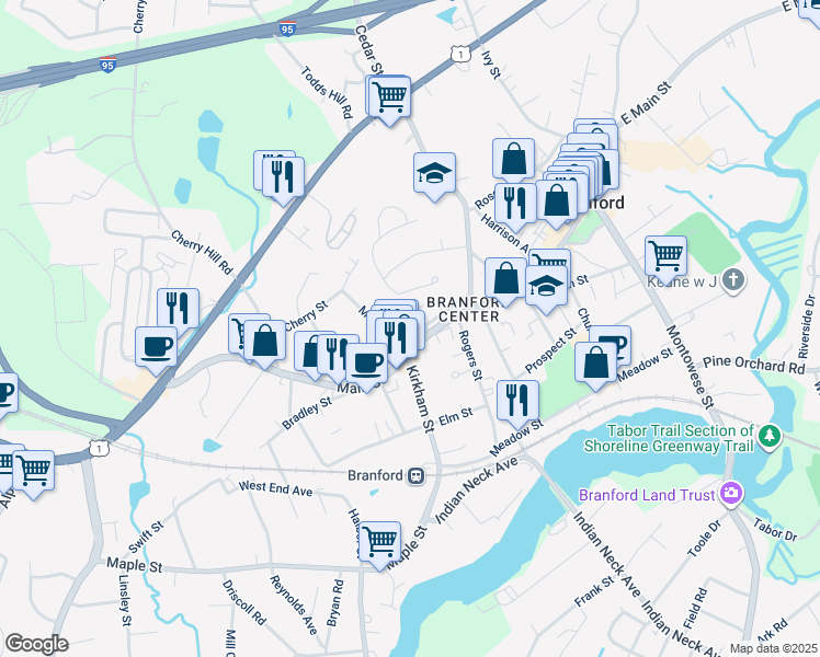 map of restaurants, bars, coffee shops, grocery stores, and more near 606 Main Street in Branford