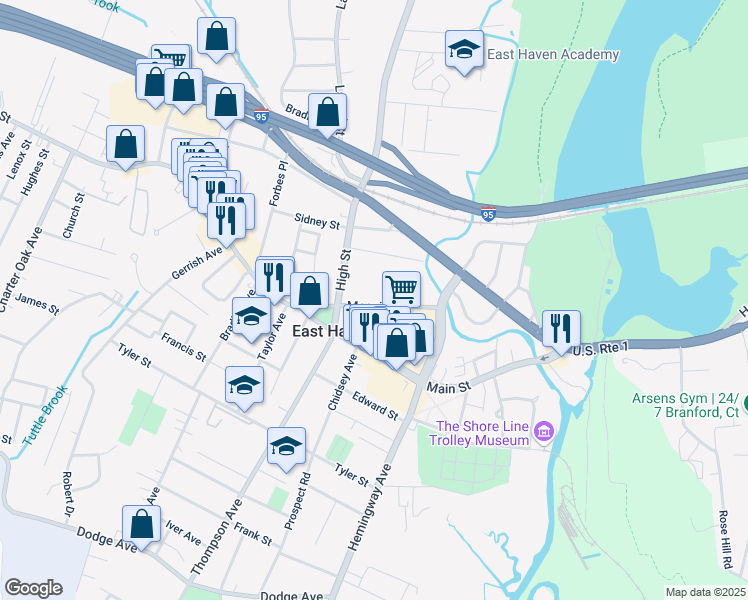 map of restaurants, bars, coffee shops, grocery stores, and more near in East Haven