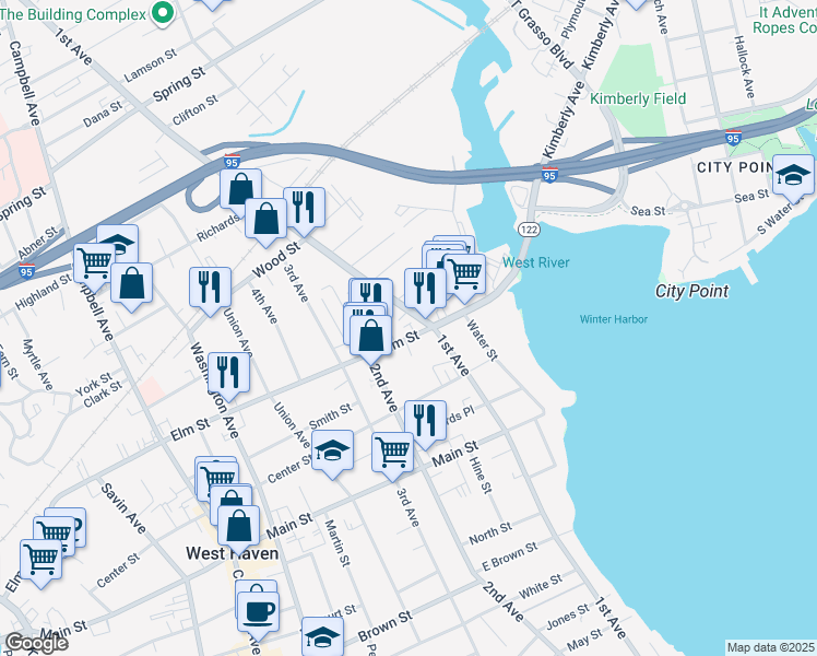 map of restaurants, bars, coffee shops, grocery stores, and more near 110 Elm Street in West Haven