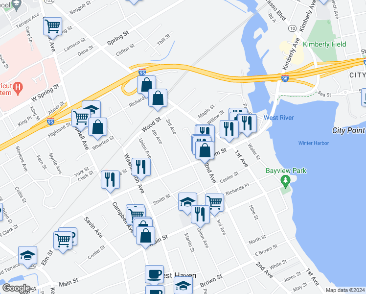 map of restaurants, bars, coffee shops, grocery stores, and more near 646 3rd Avenue in West Haven