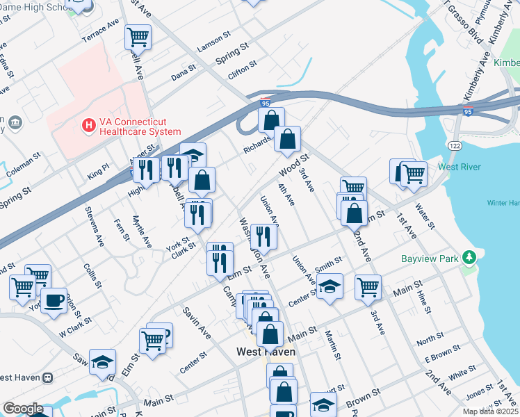 map of restaurants, bars, coffee shops, grocery stores, and more near 390 Union Avenue in West Haven