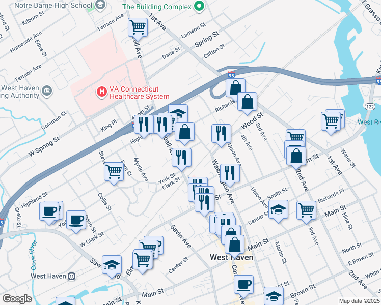 map of restaurants, bars, coffee shops, grocery stores, and more near 719 Campbell Avenue in West Haven
