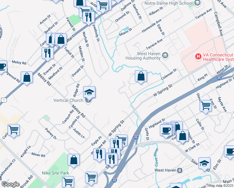 map of restaurants, bars, coffee shops, grocery stores, and more near 5 Greta Street in West Haven