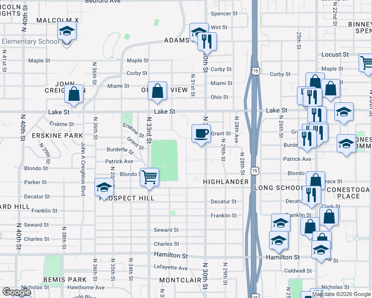map of restaurants, bars, coffee shops, grocery stores, and more near 3026 Lindsay Avenue in Omaha