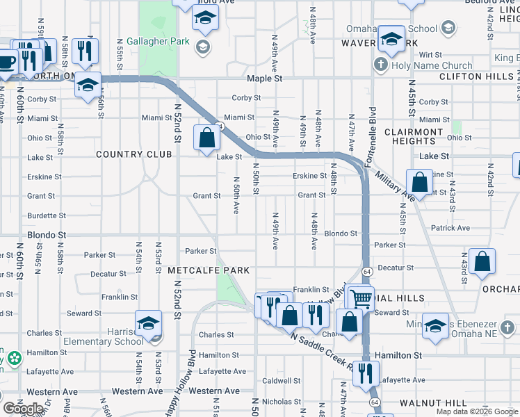 map of restaurants, bars, coffee shops, grocery stores, and more near 2020 North 49th Avenue in Omaha