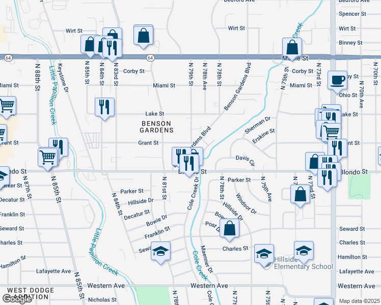 map of restaurants, bars, coffee shops, grocery stores, and more near 2123 Benson Gardens Boulevard in Omaha