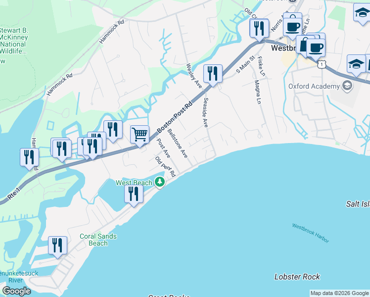 map of restaurants, bars, coffee shops, grocery stores, and more near 68 Bellstone Avenue in Westbrook