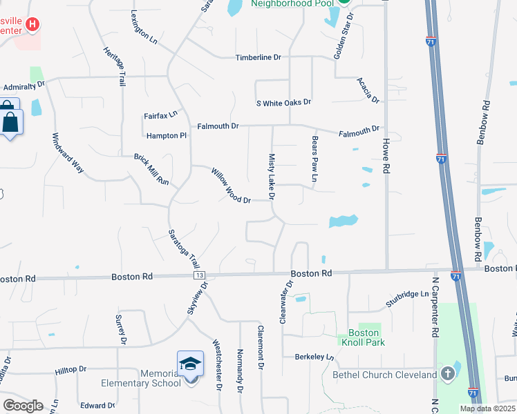 map of restaurants, bars, coffee shops, grocery stores, and more near 16835 Willow Wood Drive in Strongsville