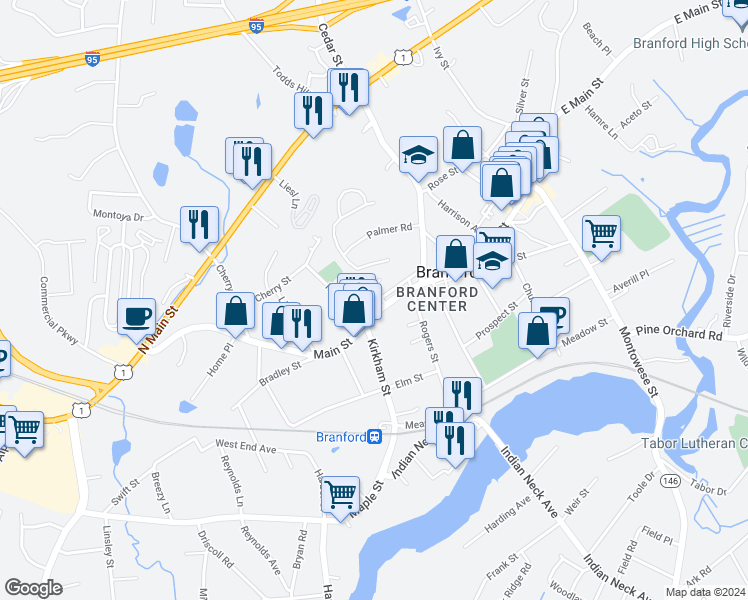 map of restaurants, bars, coffee shops, grocery stores, and more near 642 Main Street in Branford