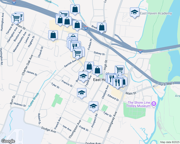 map of restaurants, bars, coffee shops, grocery stores, and more near Main Street & Elm Street in East Haven