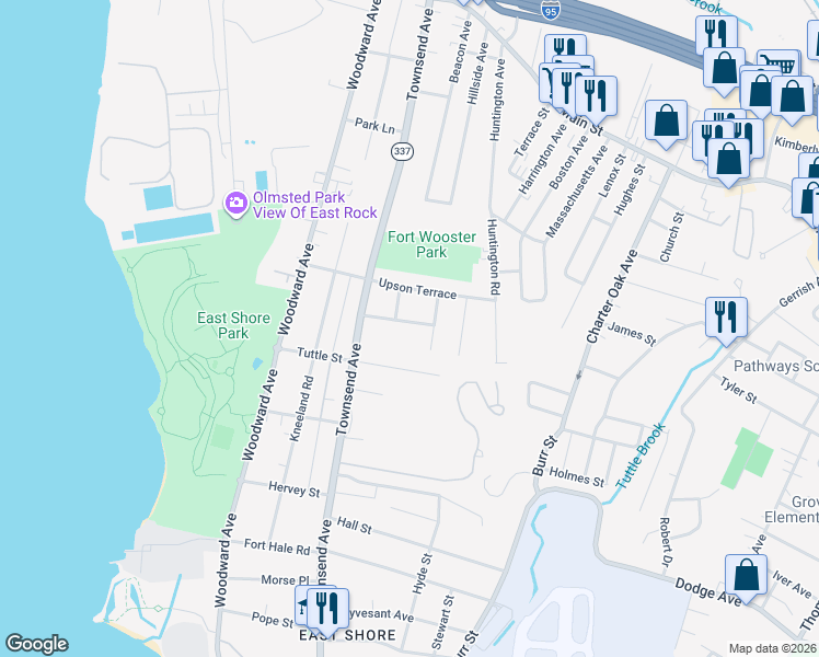 map of restaurants, bars, coffee shops, grocery stores, and more near 120 Tuttle Drive in New Haven