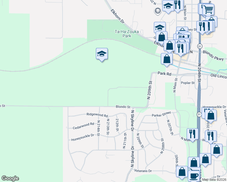 map of restaurants, bars, coffee shops, grocery stores, and more near 21210 Blondo Street in Omaha