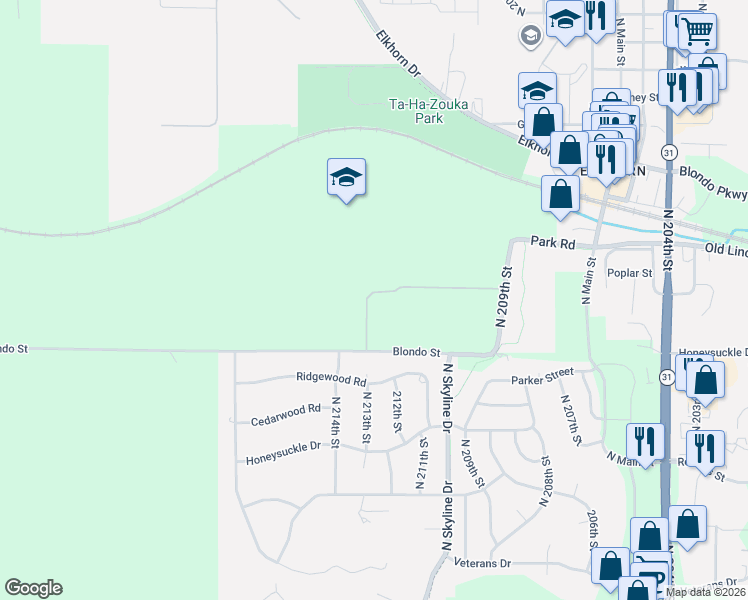 map of restaurants, bars, coffee shops, grocery stores, and more near 21210 Blondo St in Douglas County